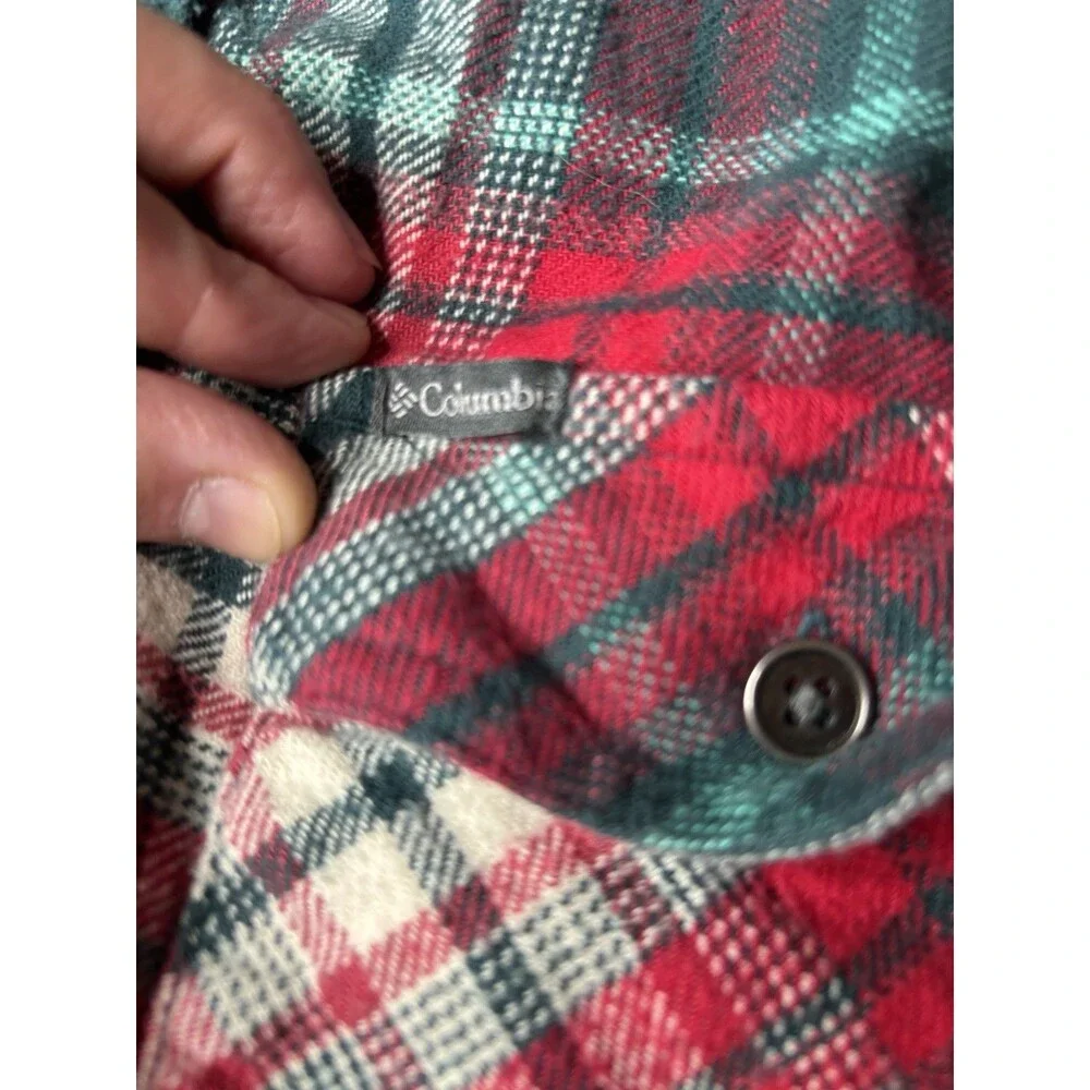 Columbia Boys Youth L Green Red White Plaid Flannet WIth hood